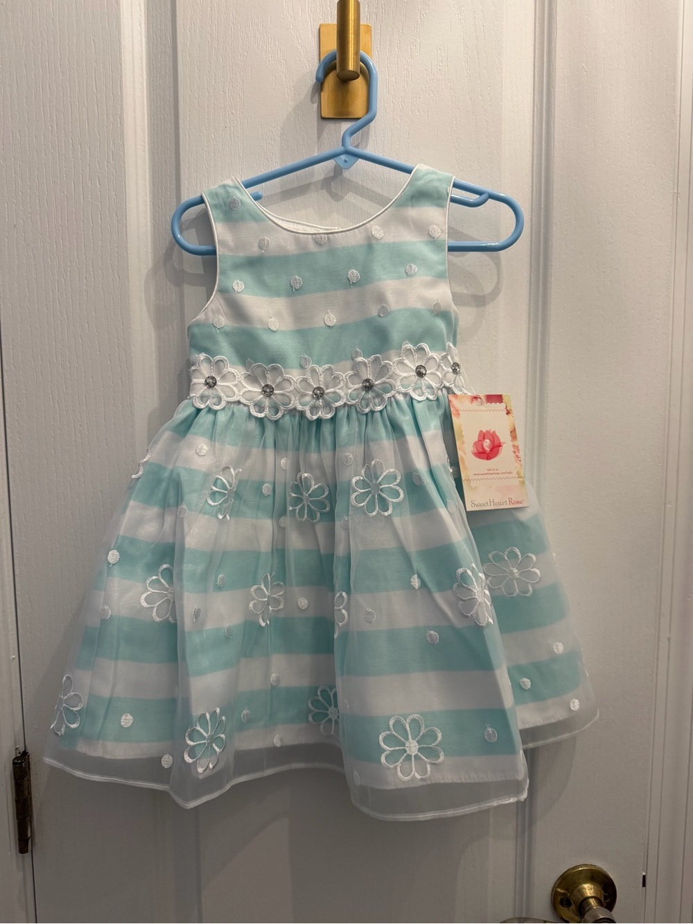 Sweet Heart Rose Aqua & White Striped Floral Lace Party Dress